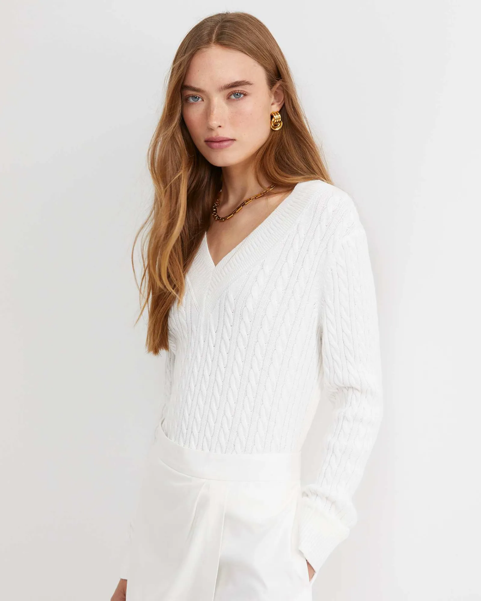 Outlet Sportscraft Elka Varsity Cable Sweater in Winter White WinterWhite