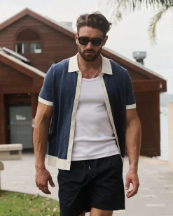 Clearance Sportscraft Ellis Knitted Short Sleeve Shirt in Navy