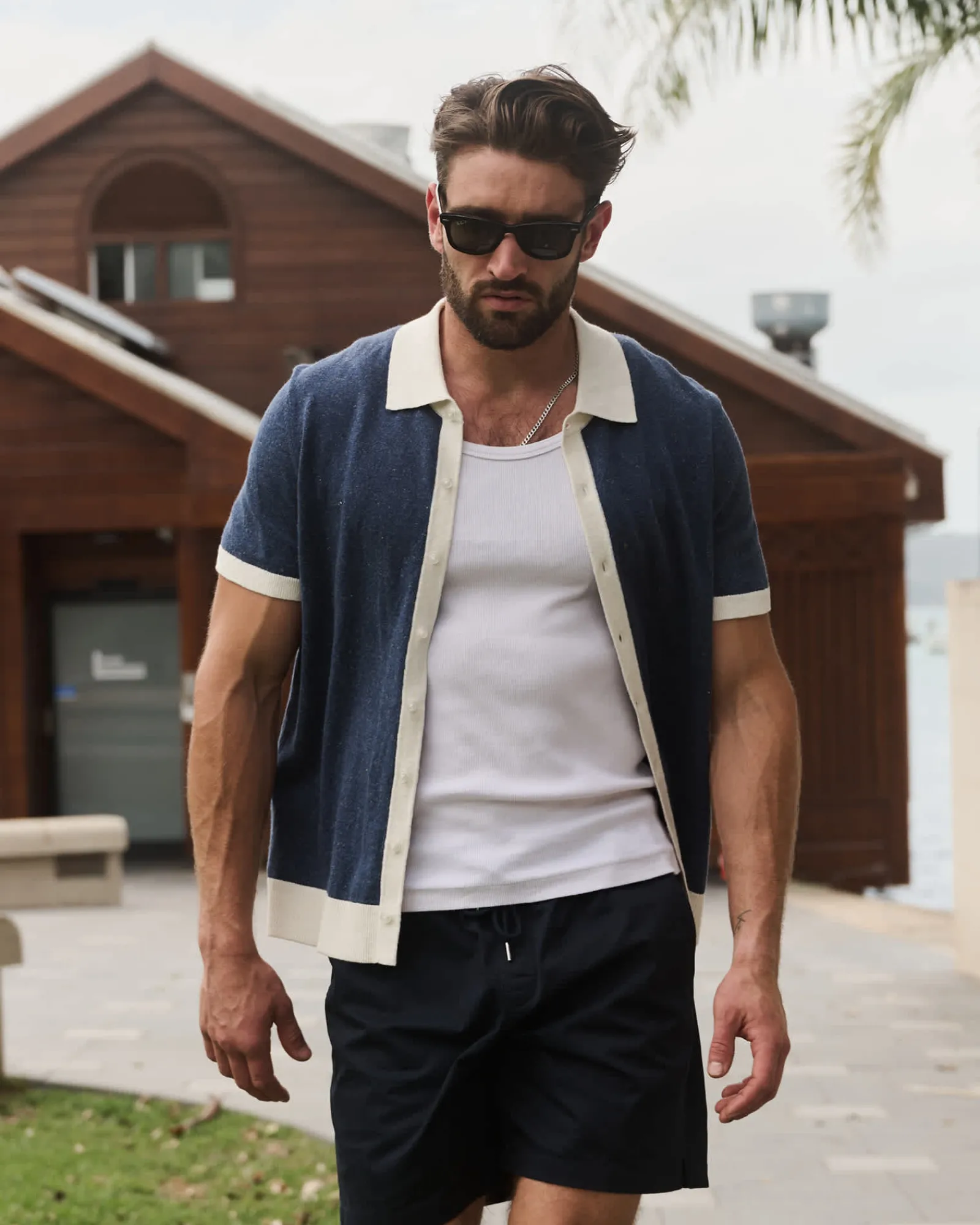 Clearance Sportscraft Ellis Knitted Short Sleeve Shirt in Navy