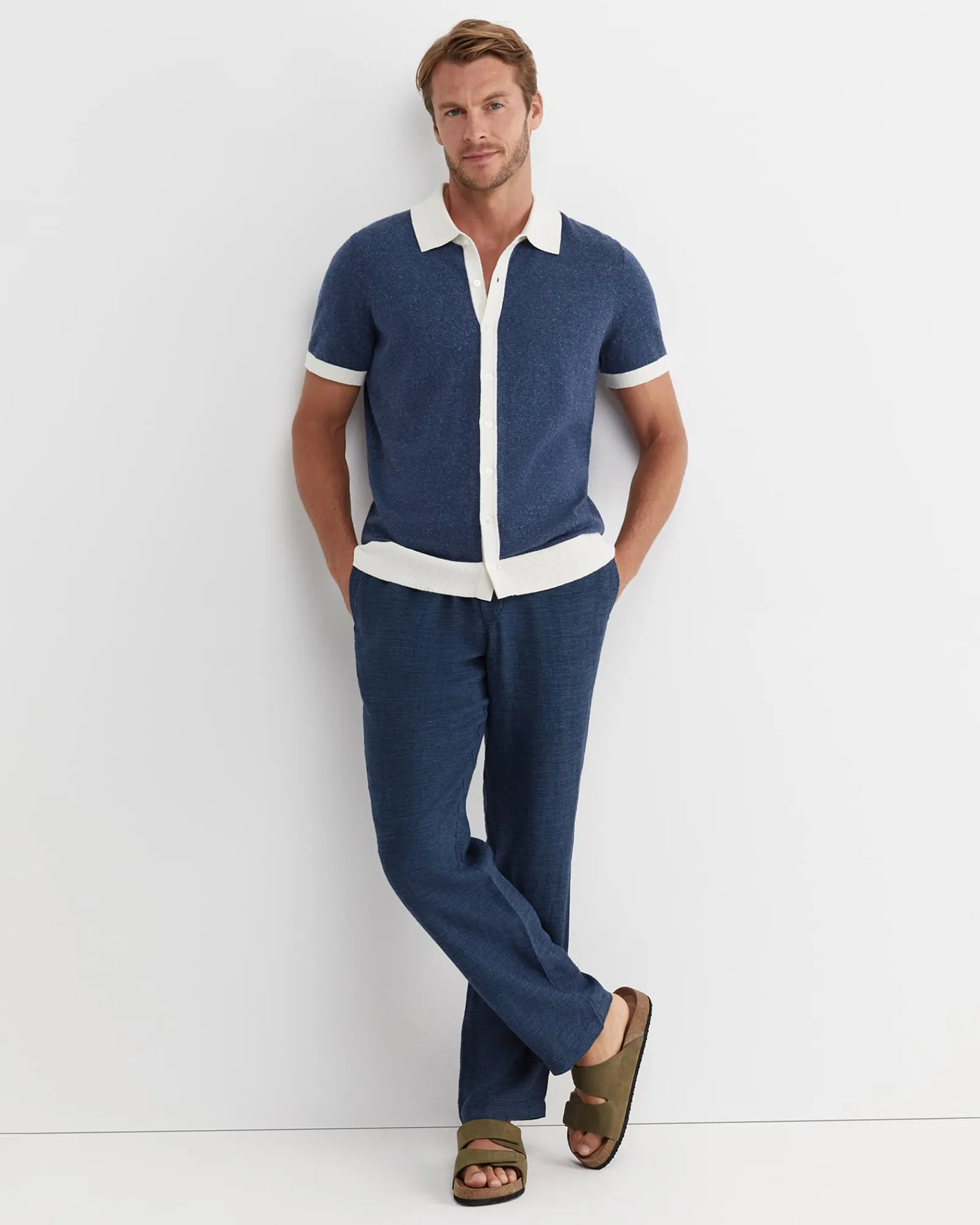 Clearance Sportscraft Ellis Knitted Short Sleeve Shirt in Navy