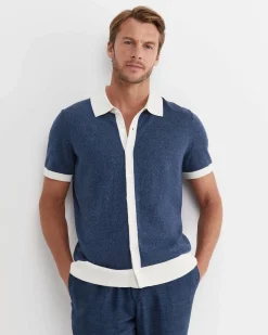 Clearance Sportscraft Ellis Knitted Short Sleeve Shirt in Navy