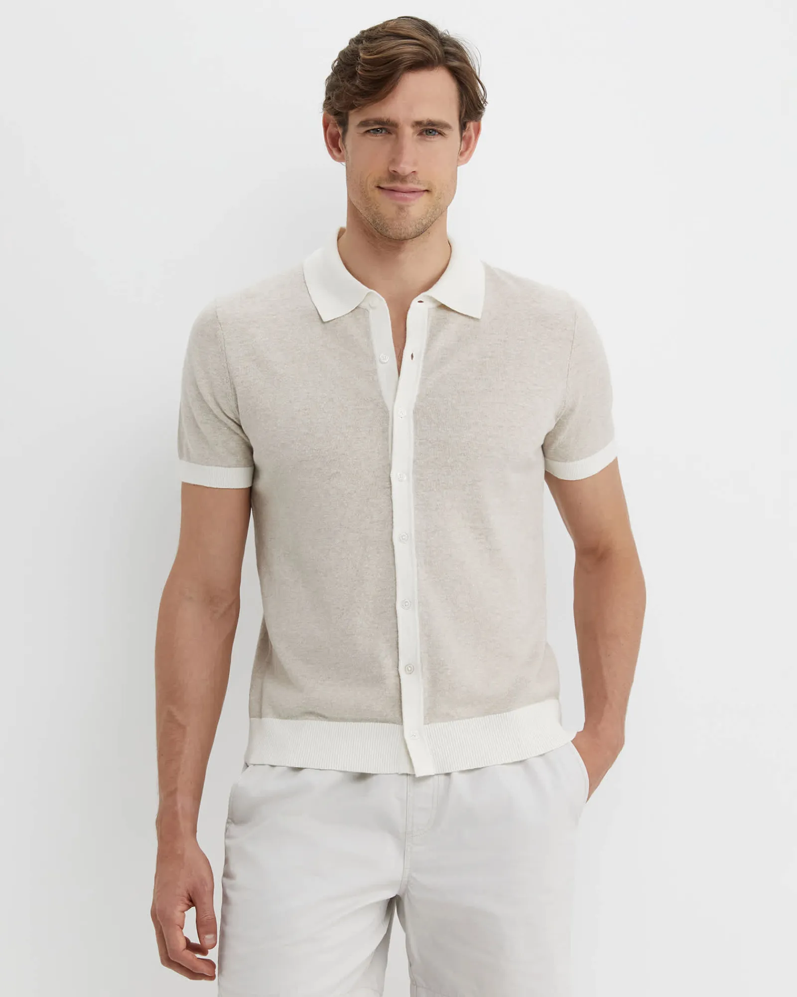 Discount Sportscraft Ellis Knitted Short Sleeve Shirt in Natural Melange NaturalMelange