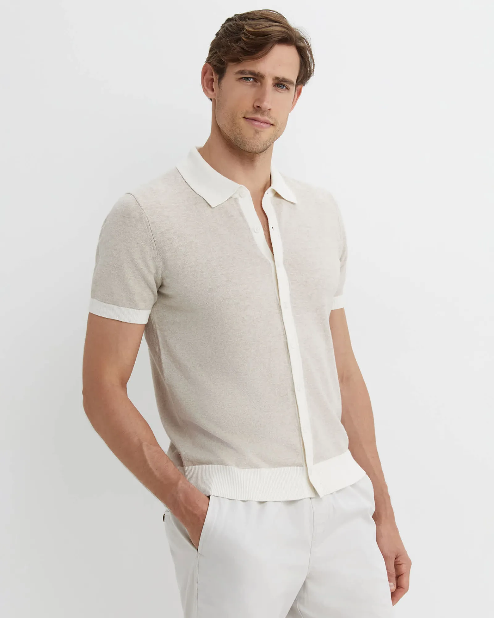 Discount Sportscraft Ellis Knitted Short Sleeve Shirt in Natural Melange NaturalMelange