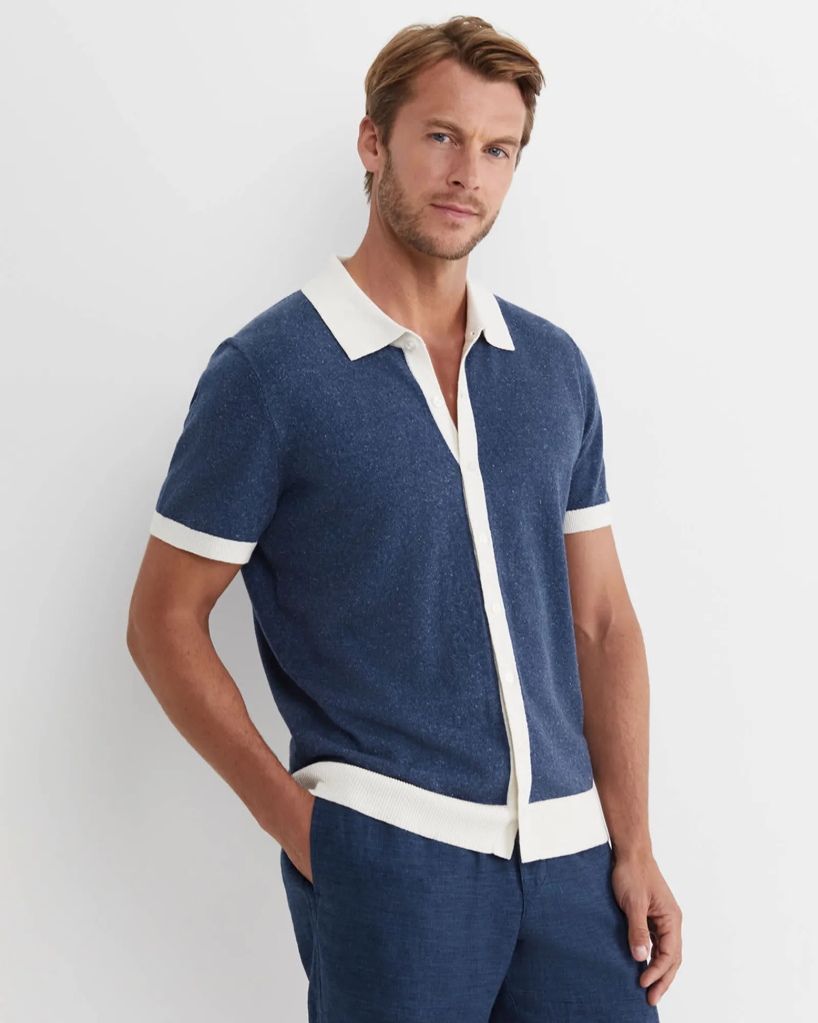 Clearance Sportscraft Ellis Knitted Short Sleeve Shirt in Navy