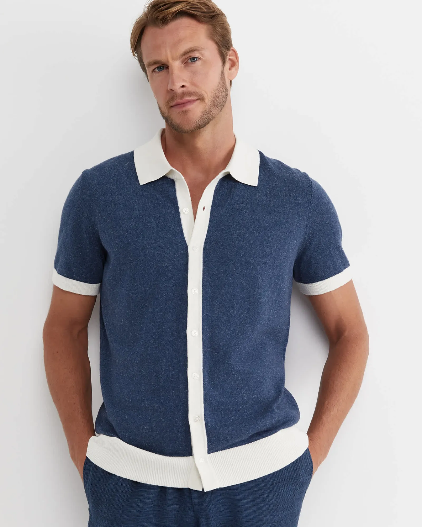 Clearance Sportscraft Ellis Knitted Short Sleeve Shirt in Navy