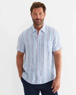 Hot Sportscraft Fenton Short Sleeve Stripe Linen Shirt in Blue Multi BlueMulti