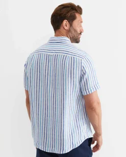 Hot Sportscraft Fenton Short Sleeve Stripe Linen Shirt in Blue Multi BlueMulti