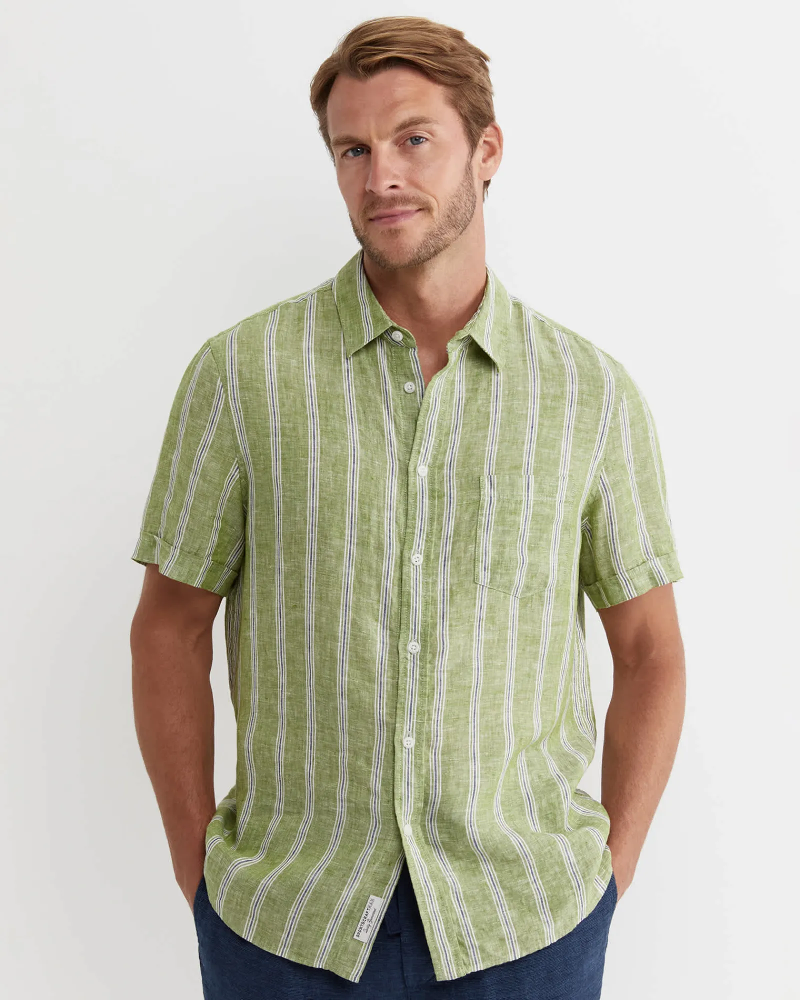 Sale Sportscraft Flynn Short Sleeve Stripe Linen Shirt in Green Multi GreenMulti
