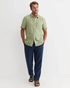 Sale Sportscraft Flynn Short Sleeve Stripe Linen Shirt in Green Multi GreenMulti