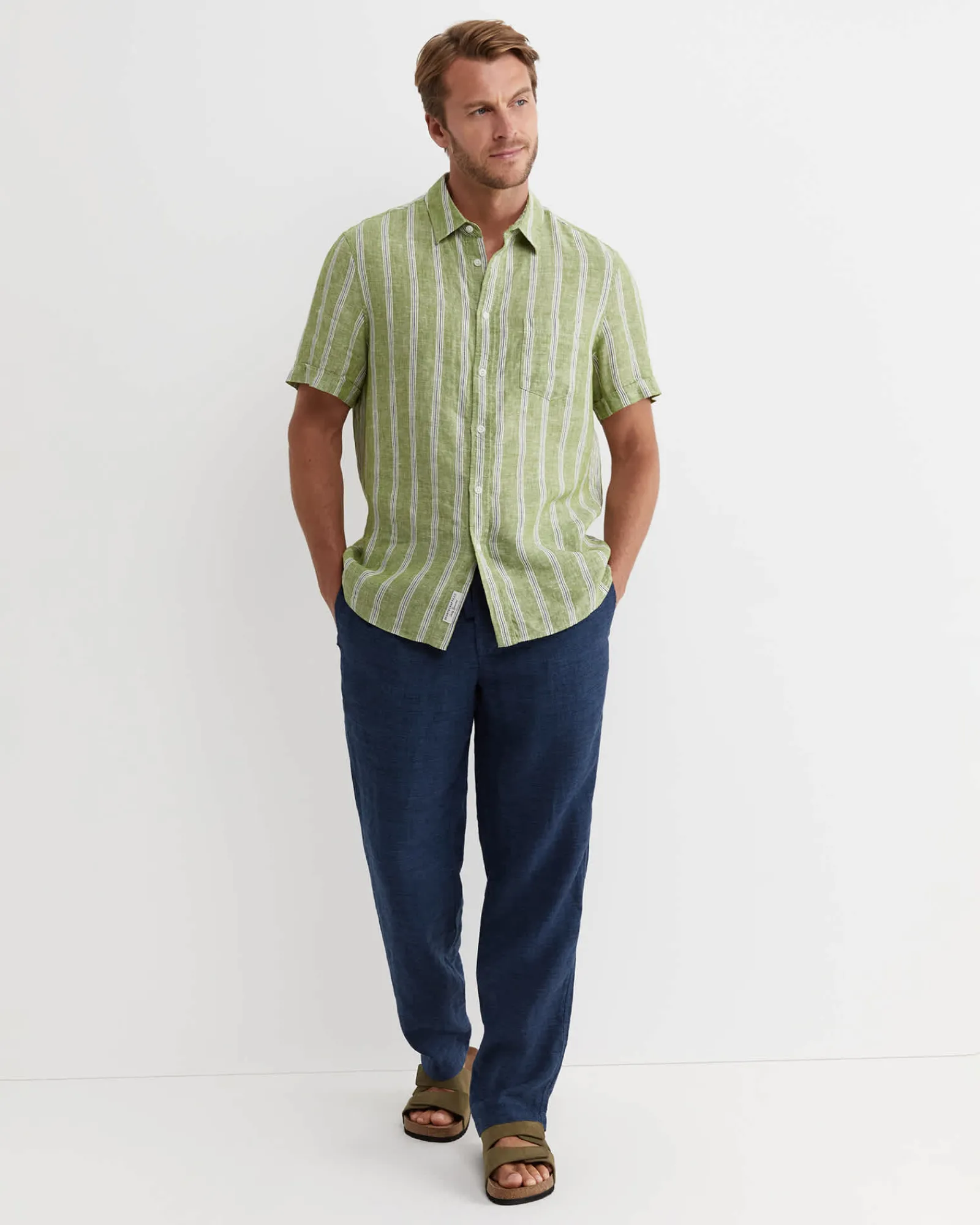 Sale Sportscraft Flynn Short Sleeve Stripe Linen Shirt in Green Multi GreenMulti