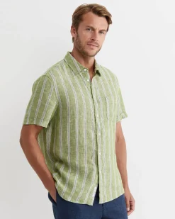 Sale Sportscraft Flynn Short Sleeve Stripe Linen Shirt in Green Multi GreenMulti