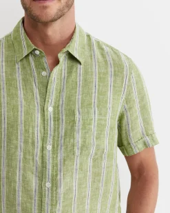 Sale Sportscraft Flynn Short Sleeve Stripe Linen Shirt in Green Multi GreenMulti