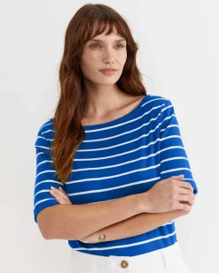 Clearance Sportscraft Heidi Boat Neck Half Sleeve Tee in Bluewhite Blue/white