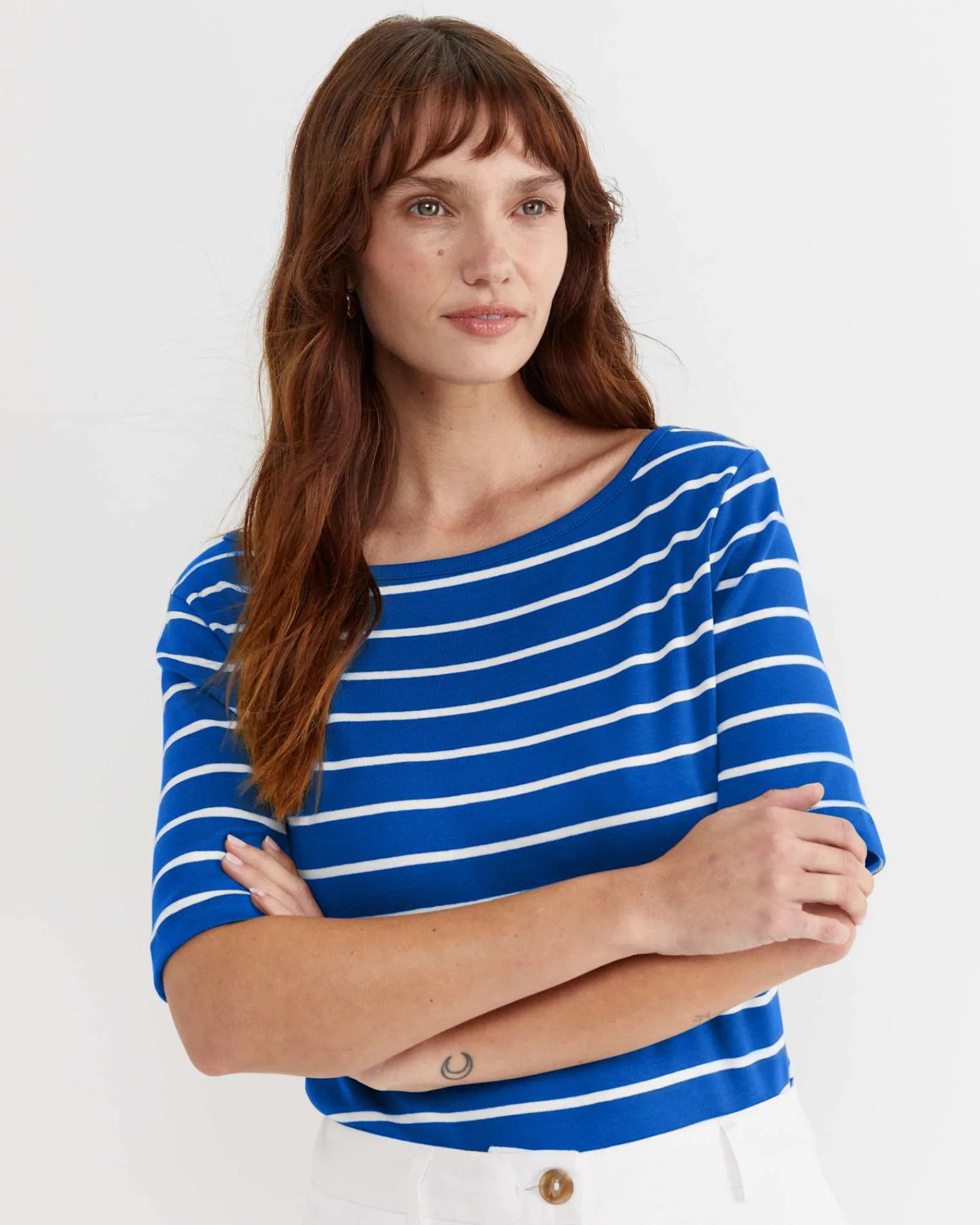 Clearance Sportscraft Heidi Boat Neck Half Sleeve Tee in Bluewhite Blue/white