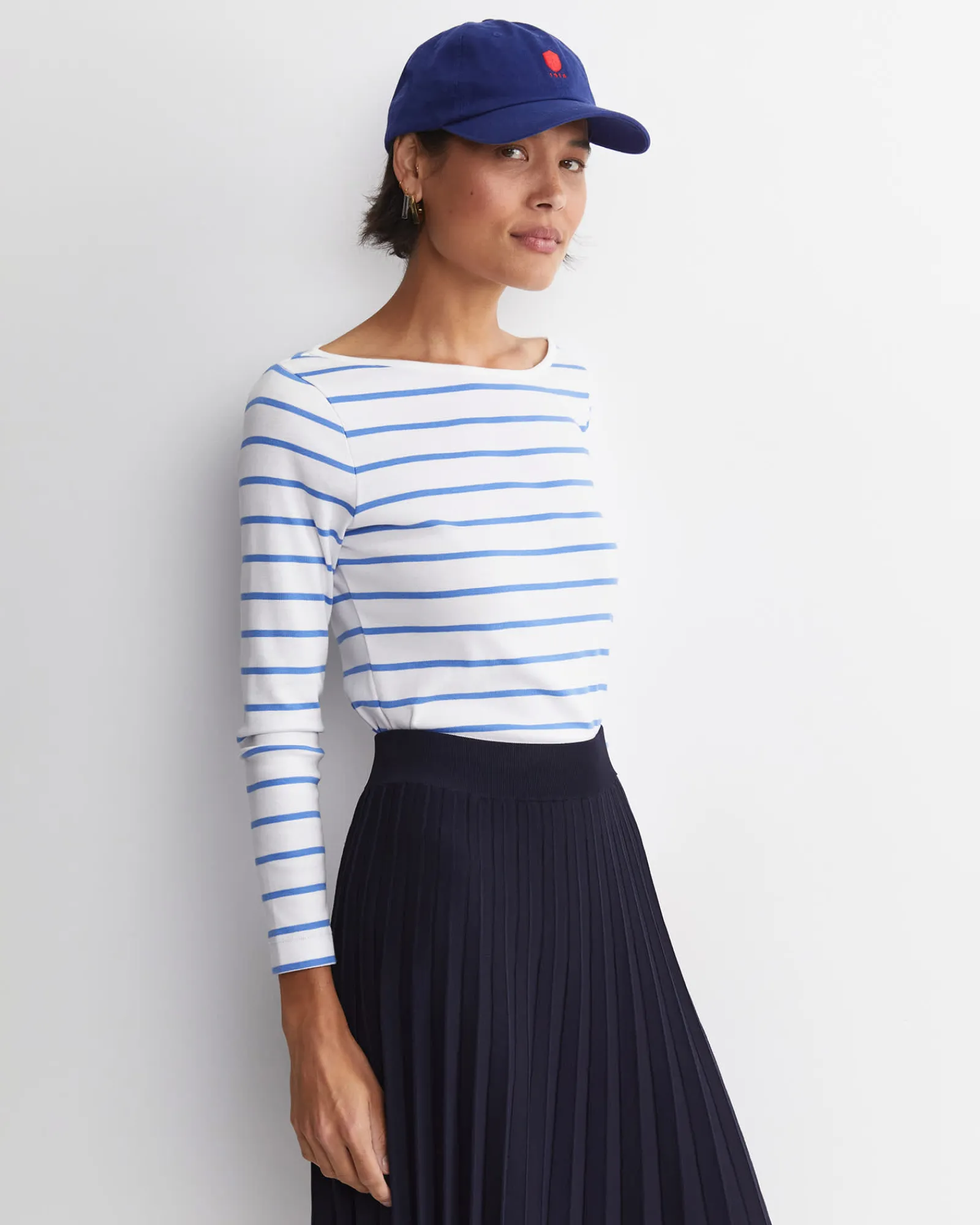 New Sportscraft Heidi Long Sleeve Rib Tee in Whiteblue White/blue