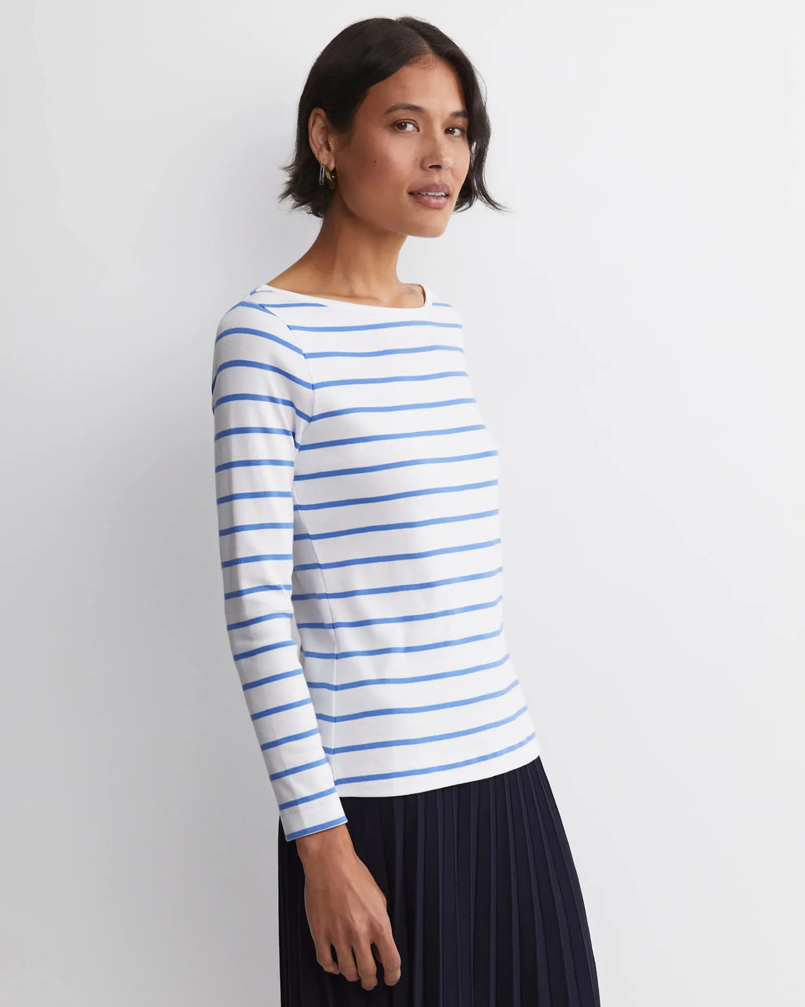 New Sportscraft Heidi Long Sleeve Rib Tee in Whiteblue White/blue