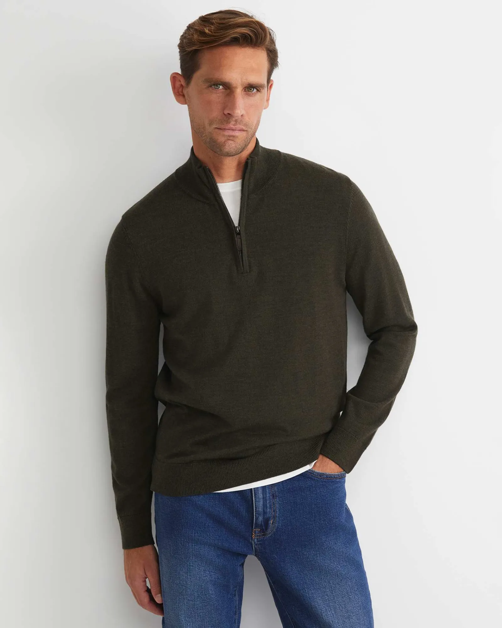 Sale Sportscraft Henry Merino Quarter Zip Knit in Dark Khaki DarkKhaki