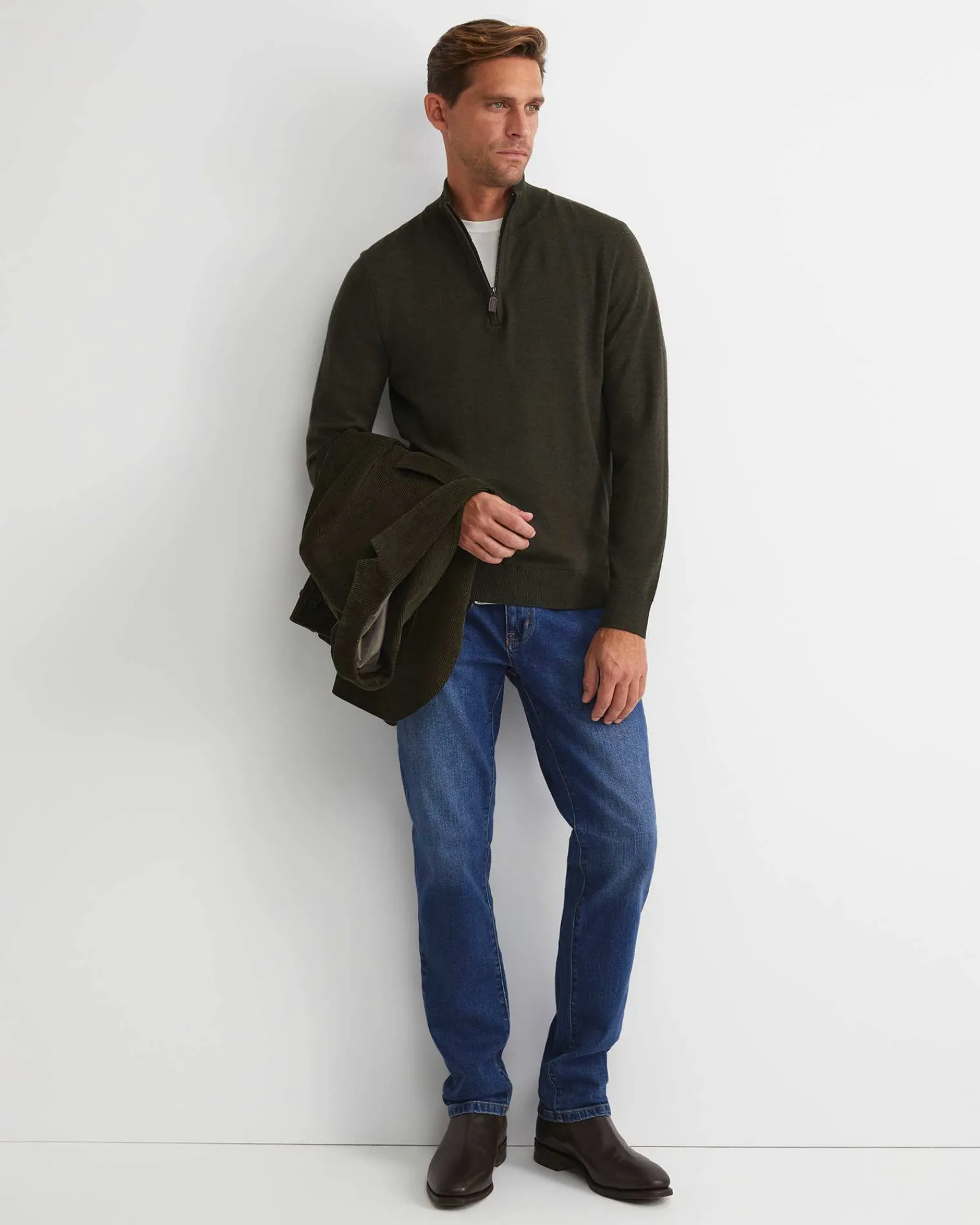 Sale Sportscraft Henry Merino Quarter Zip Knit in Dark Khaki DarkKhaki