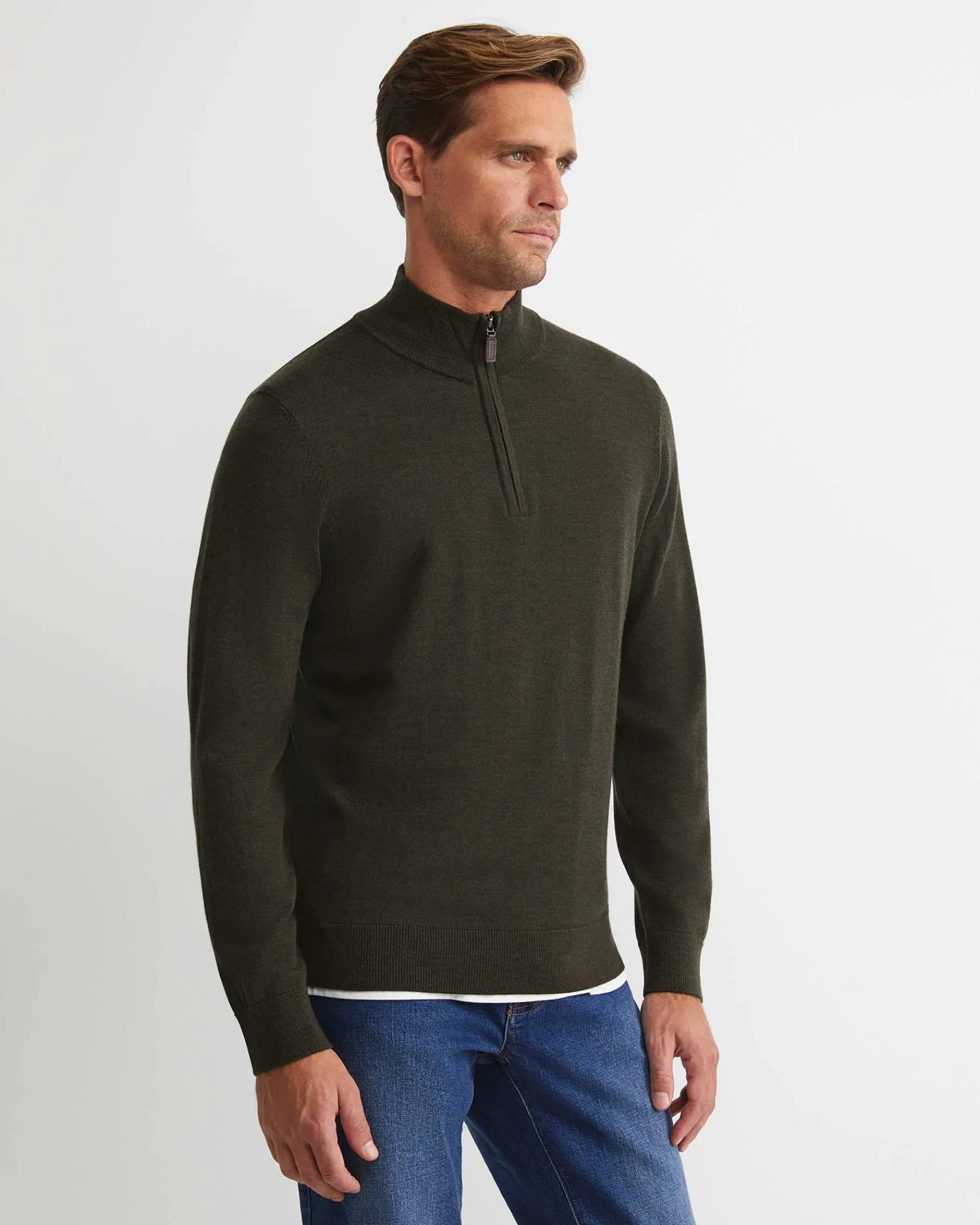 Sale Sportscraft Henry Merino Quarter Zip Knit in Dark Khaki DarkKhaki