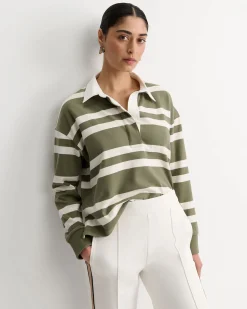 Clearance Sportscraft Jane Cropped Rugby Shirt in Khakiwhite Khaki/white