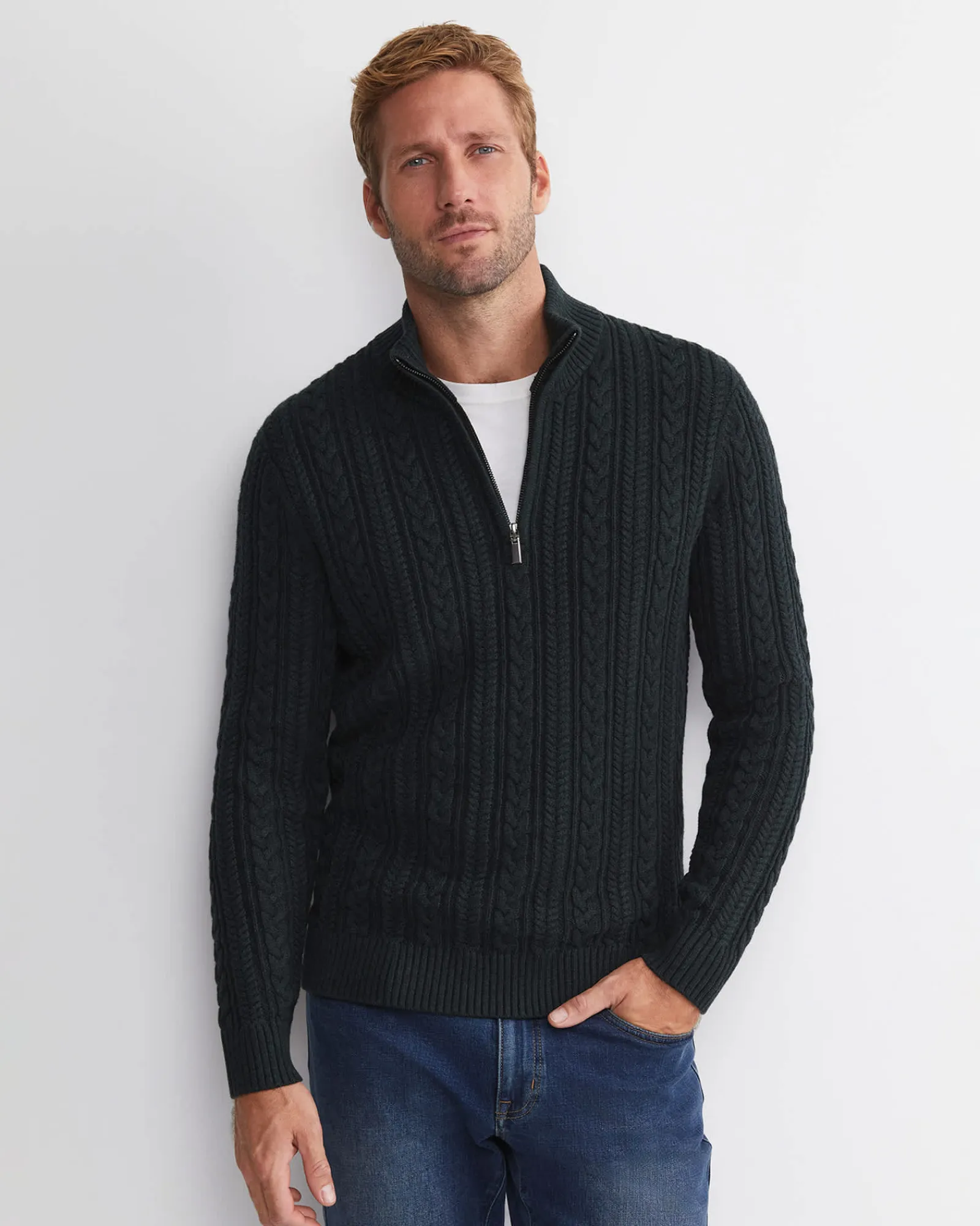 Best Sportscraft Joshua Cable Quarter Zip Knit in Forest