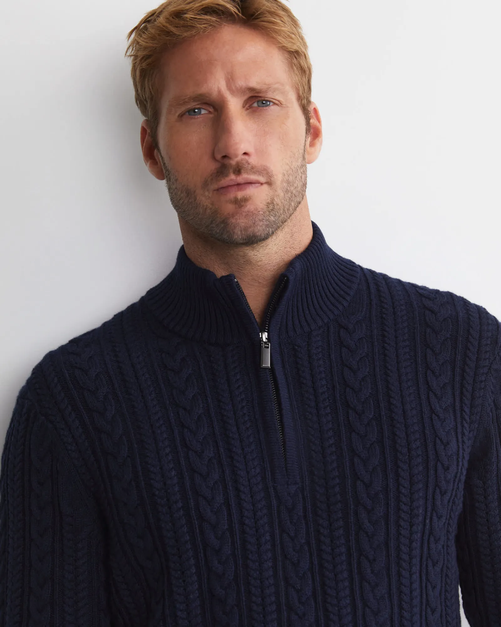 Best Sportscraft Joshua Cable Quarter Zip Knit in Navy Melange NavyMelange