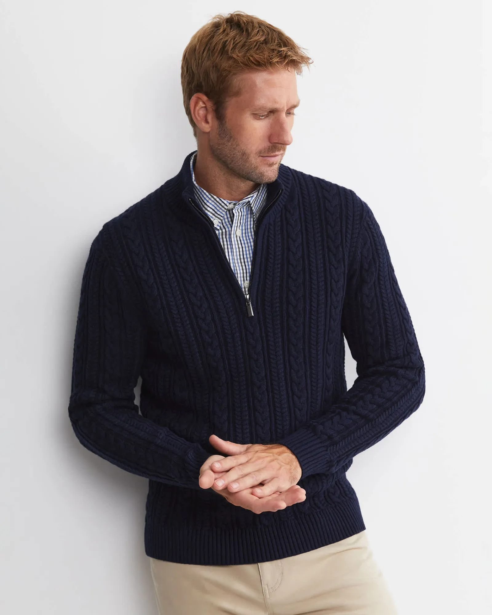 Best Sportscraft Joshua Cable Quarter Zip Knit in Navy Melange NavyMelange