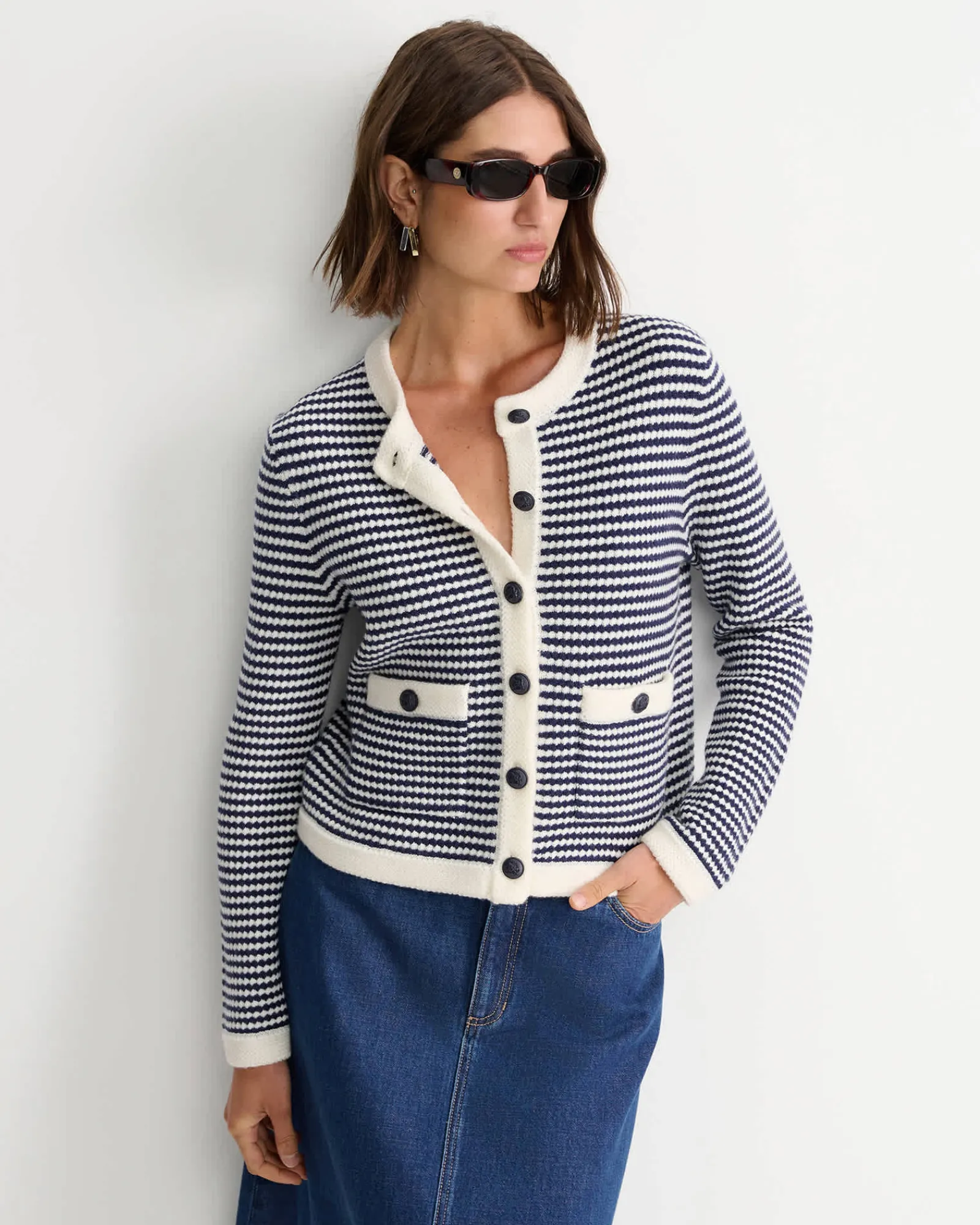Online Sportscraft Joyce Merino Wool Cardigan in Navywhite Navy/white