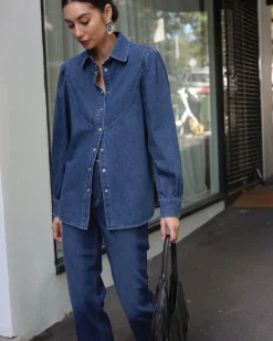Best Sportscraft Kali Long Sleeve Denim Blouse in Denim Mid Wash DenimMidWash