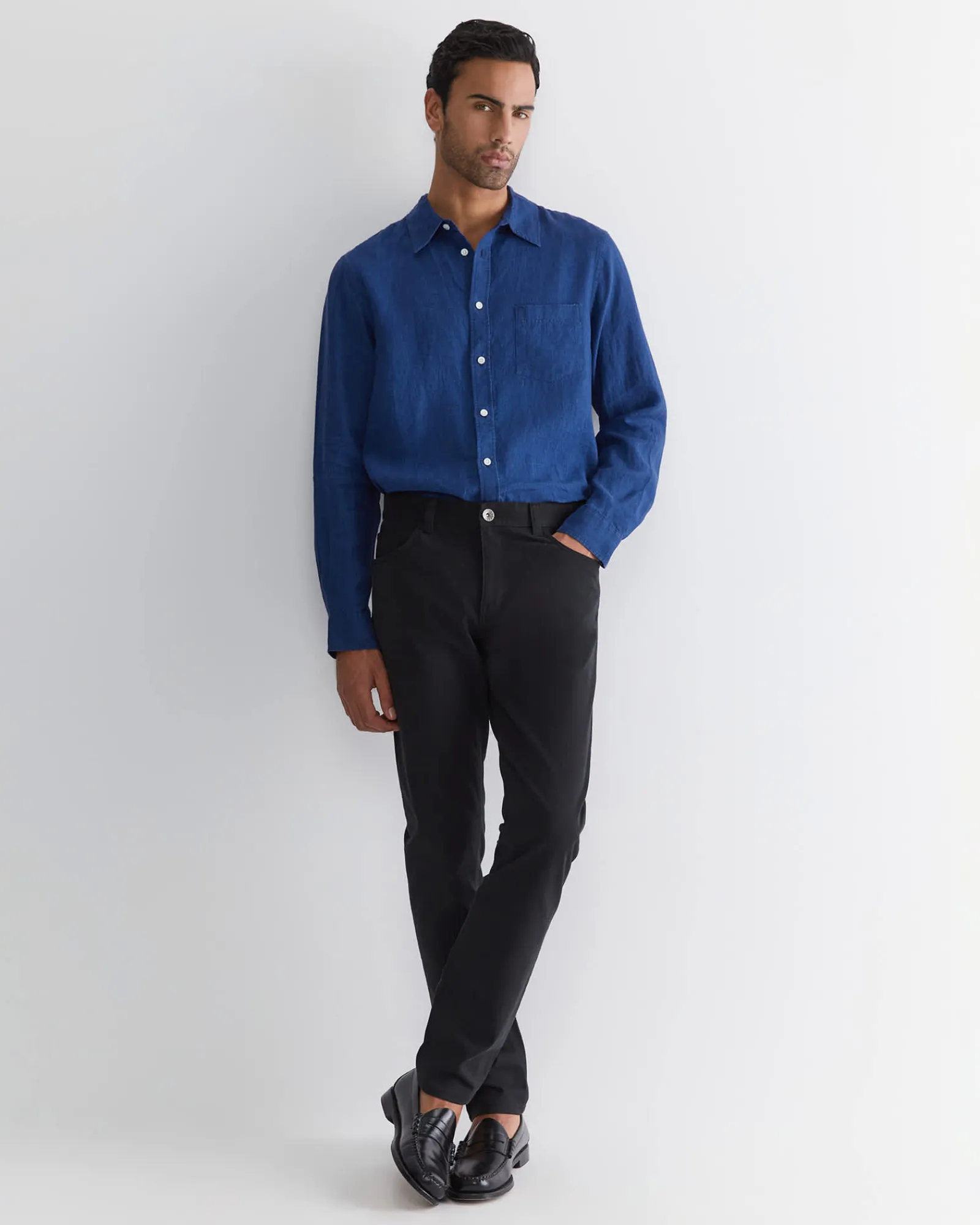 New Sportscraft Long Sleeve Linen Shirt in Indigo