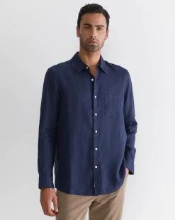 Discount Sportscraft Long Sleeve Linen Shirt in Navy