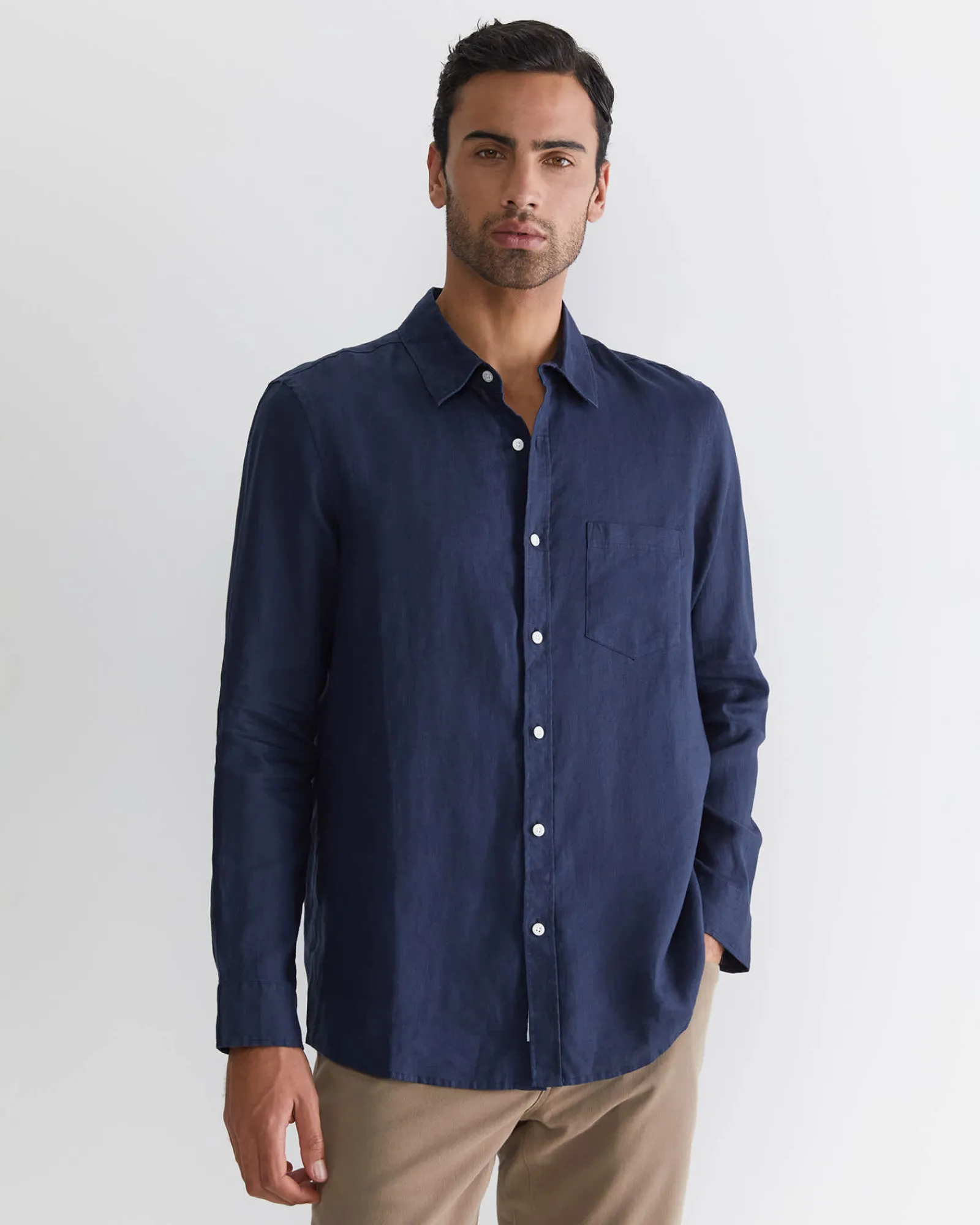 Discount Sportscraft Long Sleeve Linen Shirt in Navy