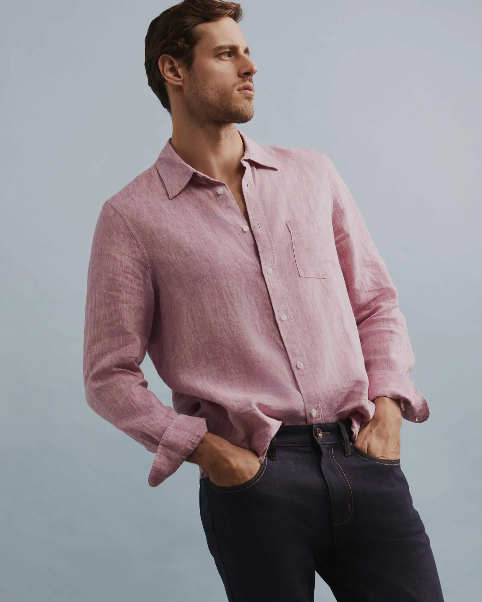 Clearance Sportscraft Long Sleeve Linen Shirt in Dark Pink DarkPink