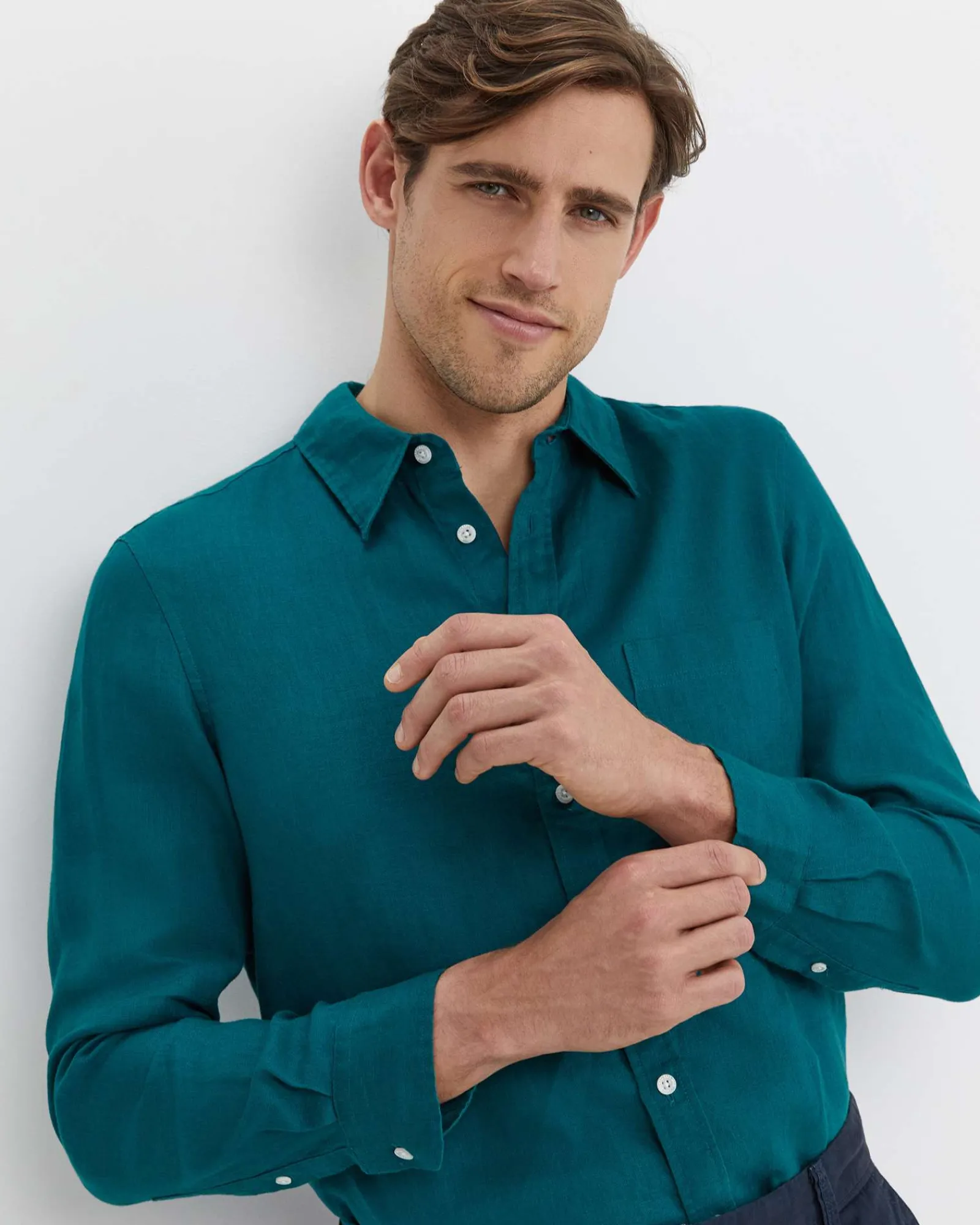 Clearance Sportscraft Long Sleeve Linen Shirt in Dark Teal DarkTeal
