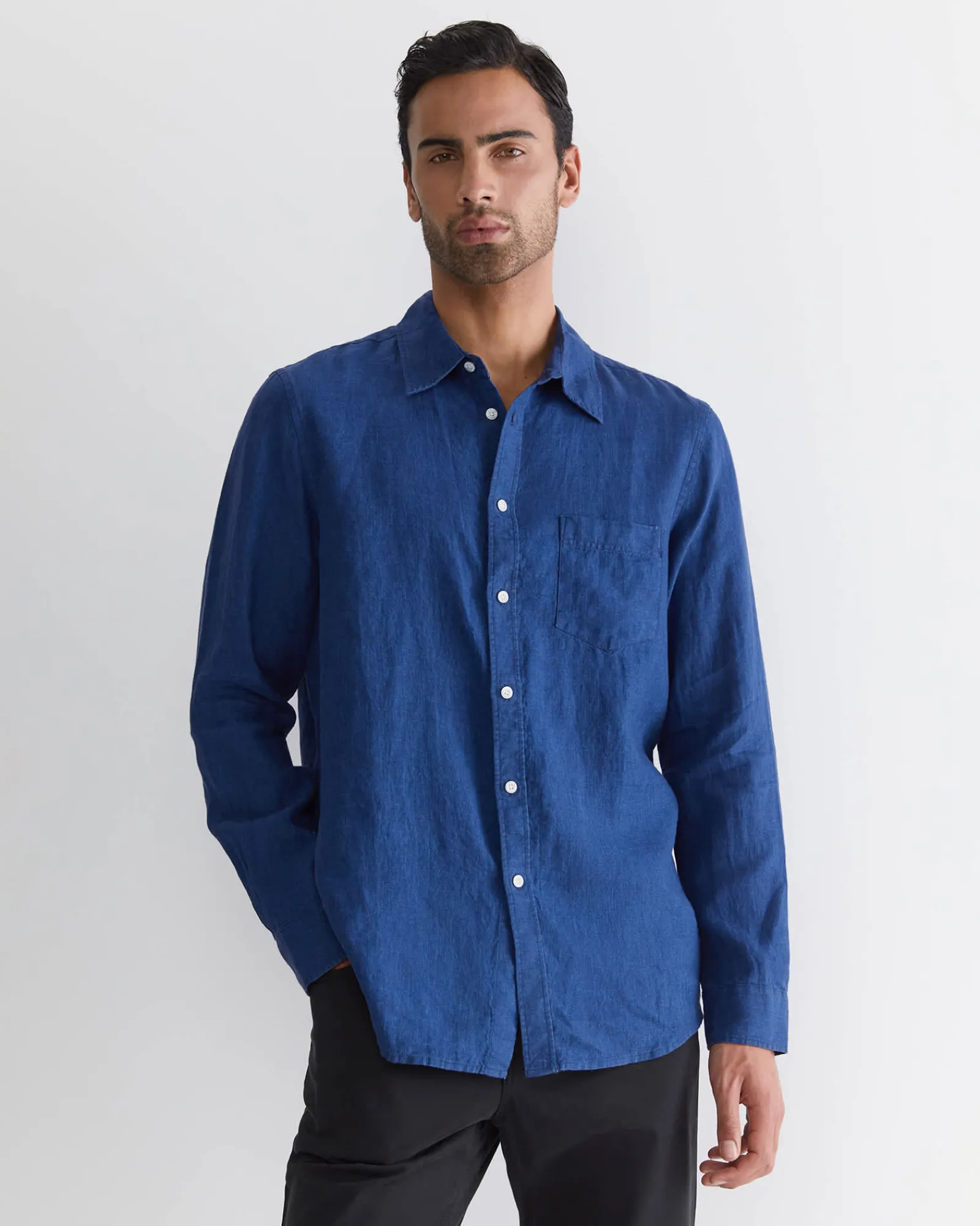 New Sportscraft Long Sleeve Linen Shirt in Indigo