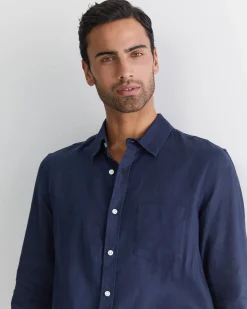 Discount Sportscraft Long Sleeve Linen Shirt in Navy