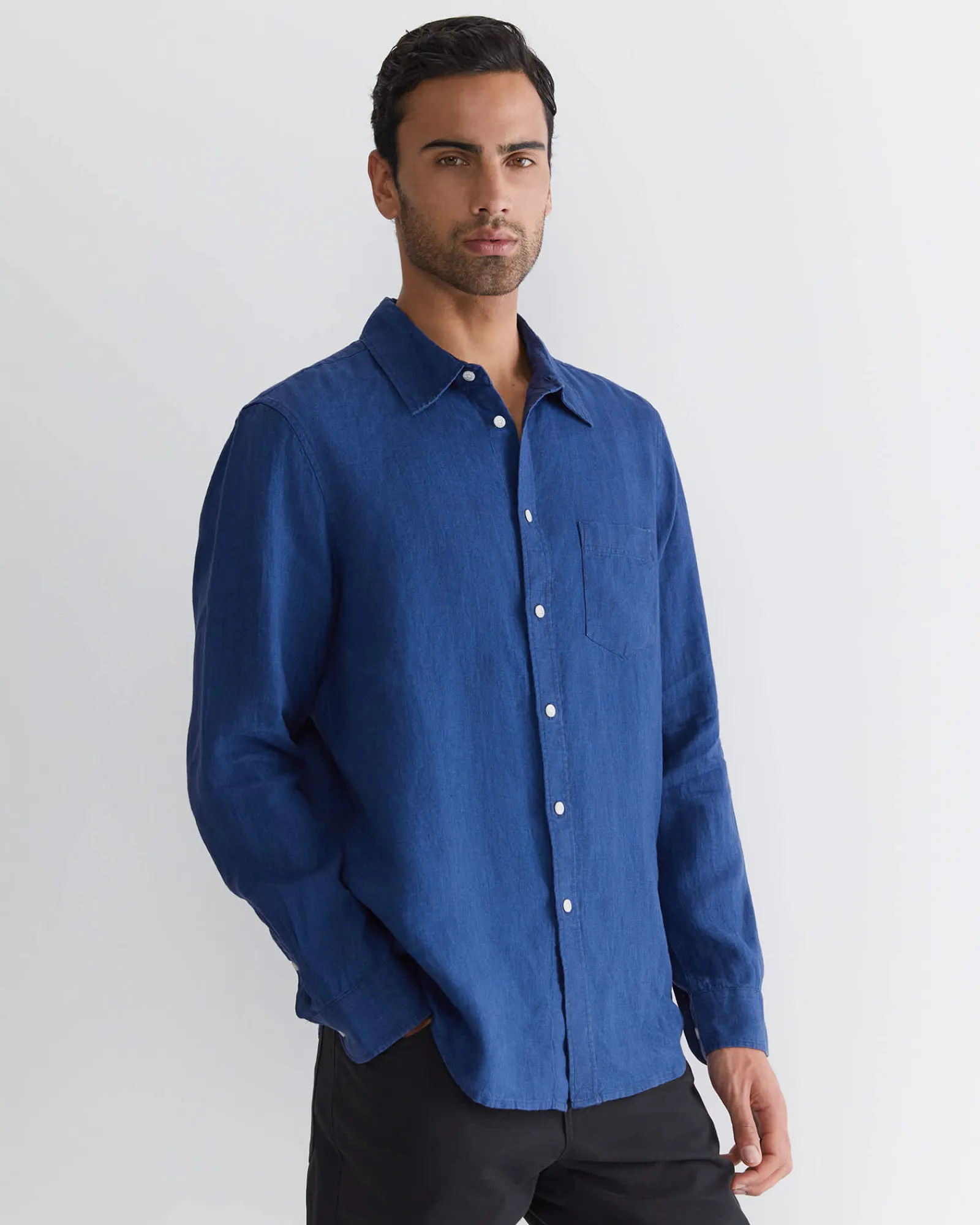 New Sportscraft Long Sleeve Linen Shirt in Indigo