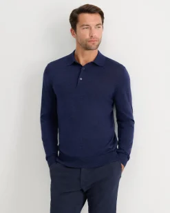Sale Sportscraft Long Sleeve Merino Knit Polo in Navy