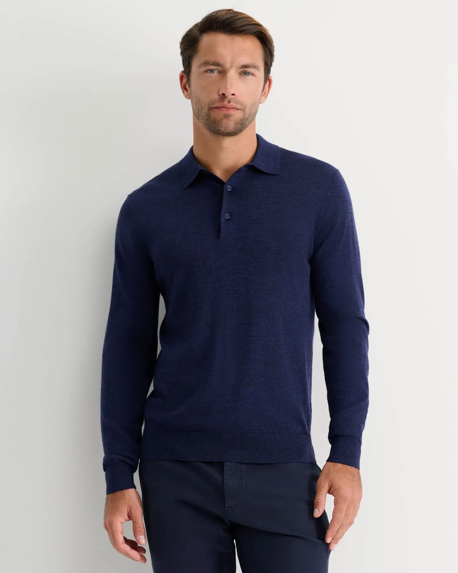 Sale Sportscraft Long Sleeve Merino Knit Polo in Navy