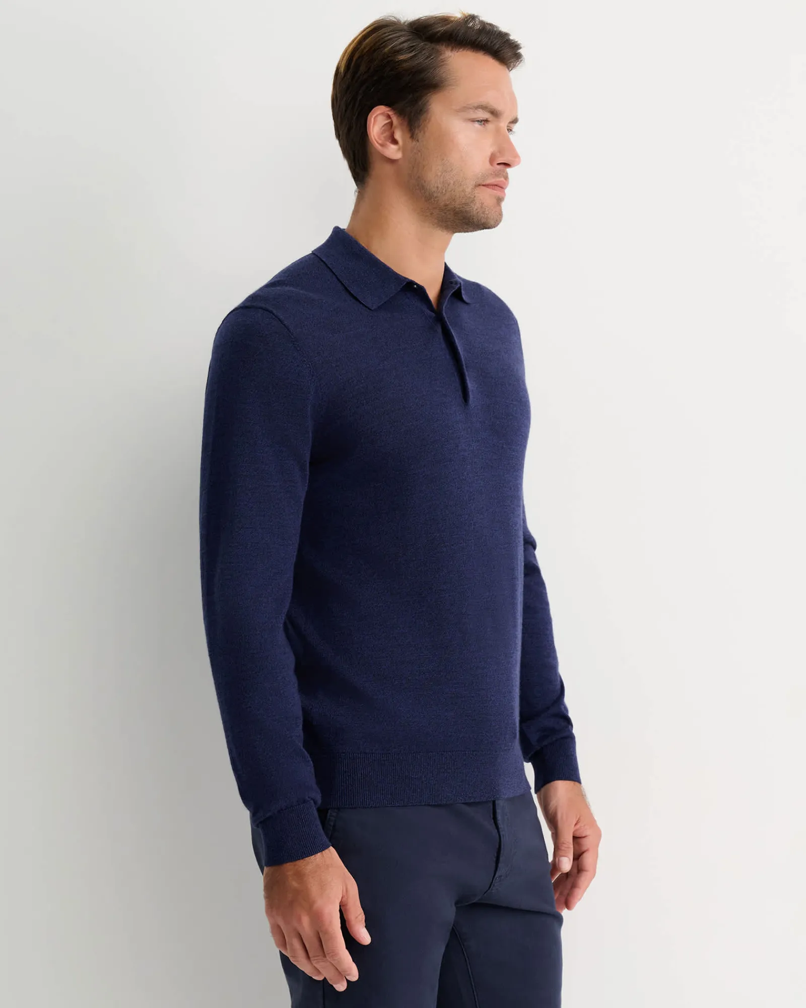 Sale Sportscraft Long Sleeve Merino Knit Polo in Navy