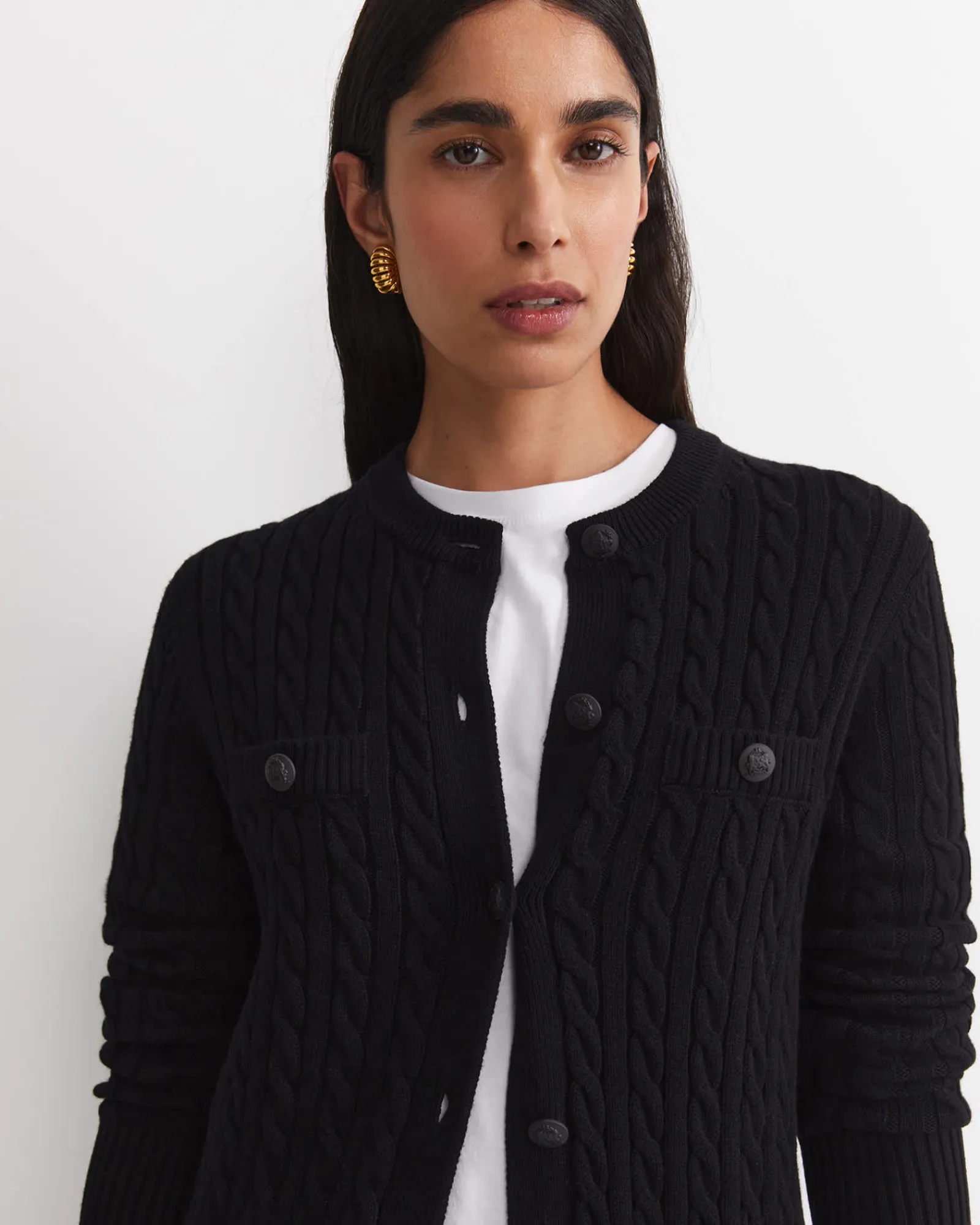 Outlet Sportscraft Longline Merino Blend Cable Cardigan in Black