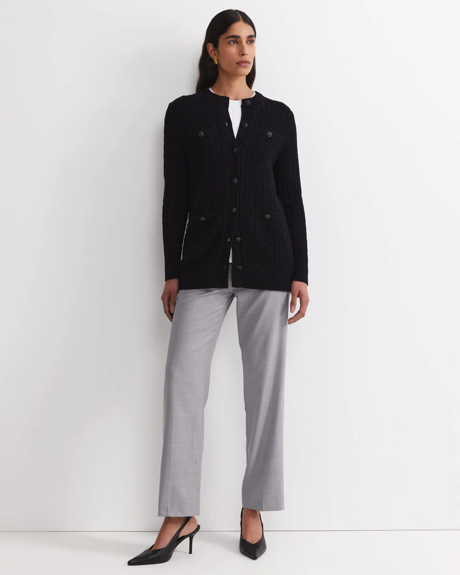 Outlet Sportscraft Longline Merino Blend Cable Cardigan in Black