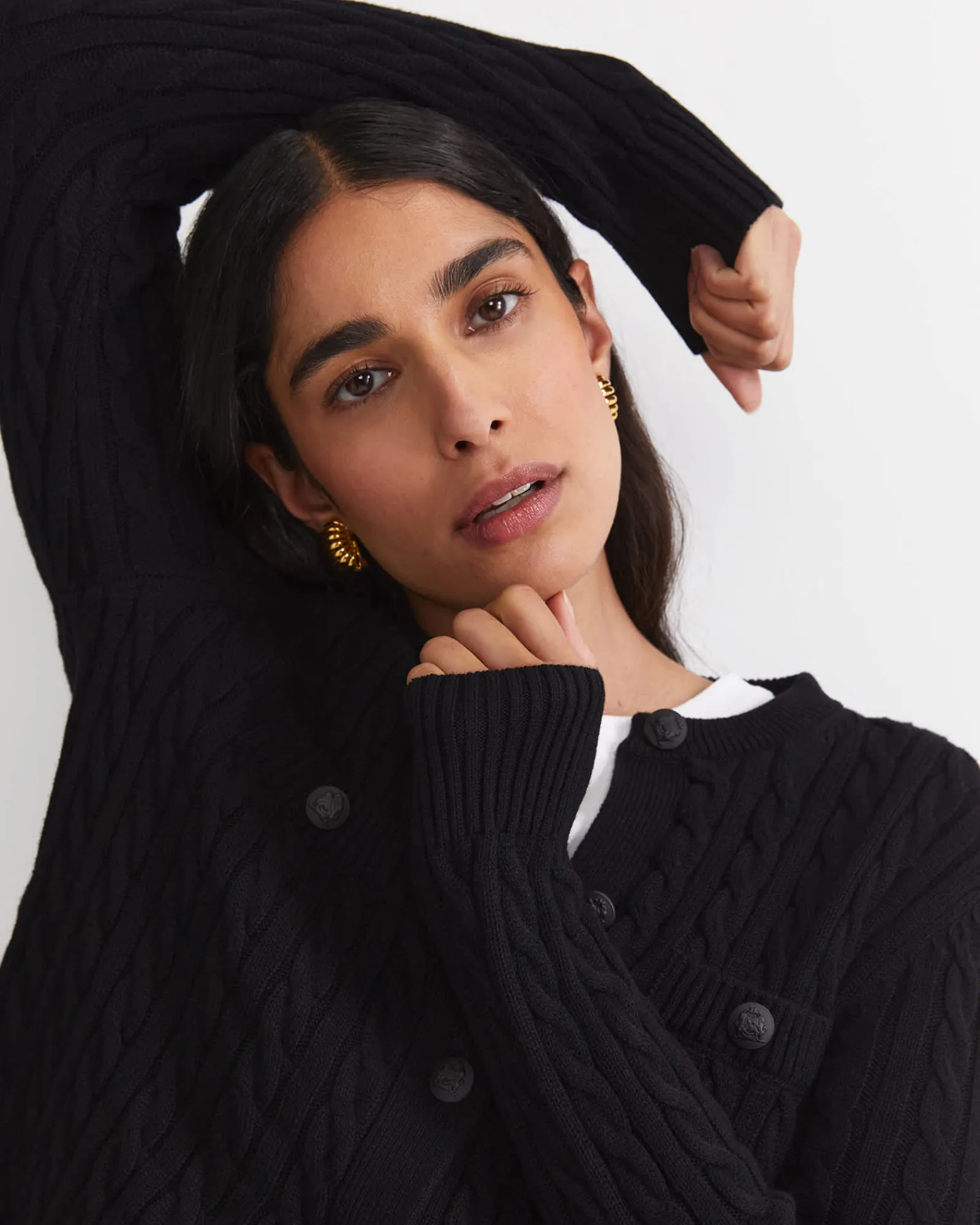 Outlet Sportscraft Longline Merino Blend Cable Cardigan in Black