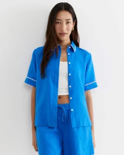 Discount Sportscraft Lulu Blanket Stitch Linen Shirt in Peacock