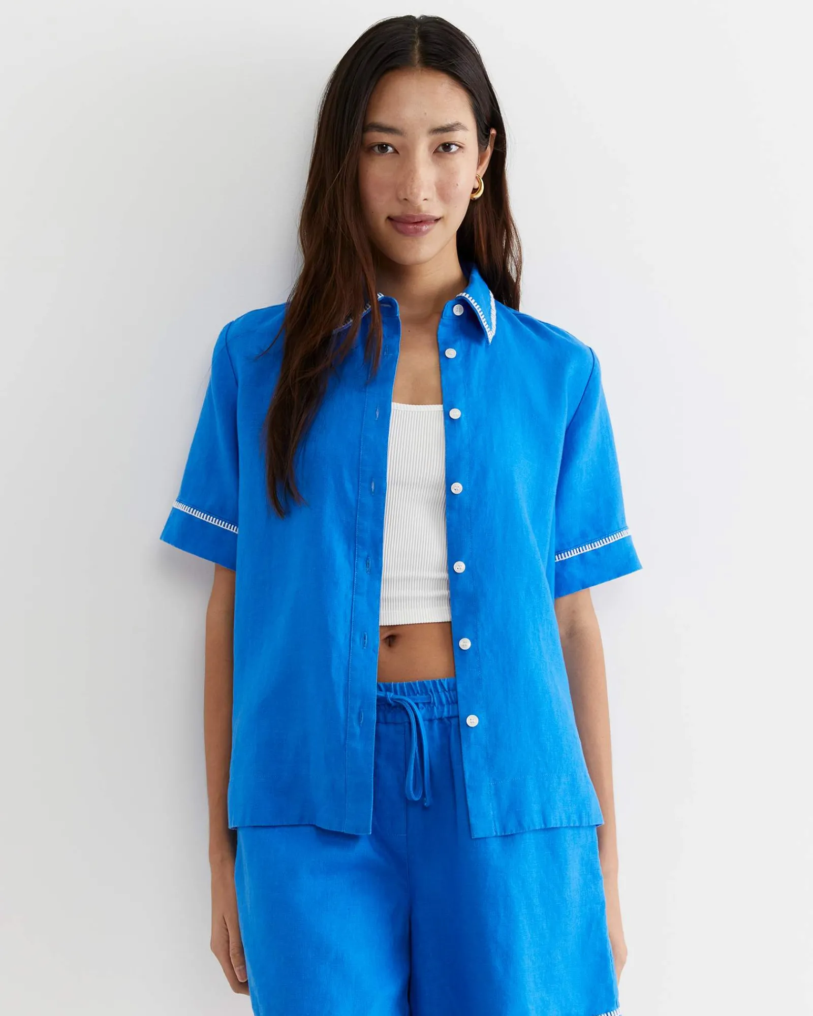 Discount Sportscraft Lulu Blanket Stitch Linen Shirt in Peacock