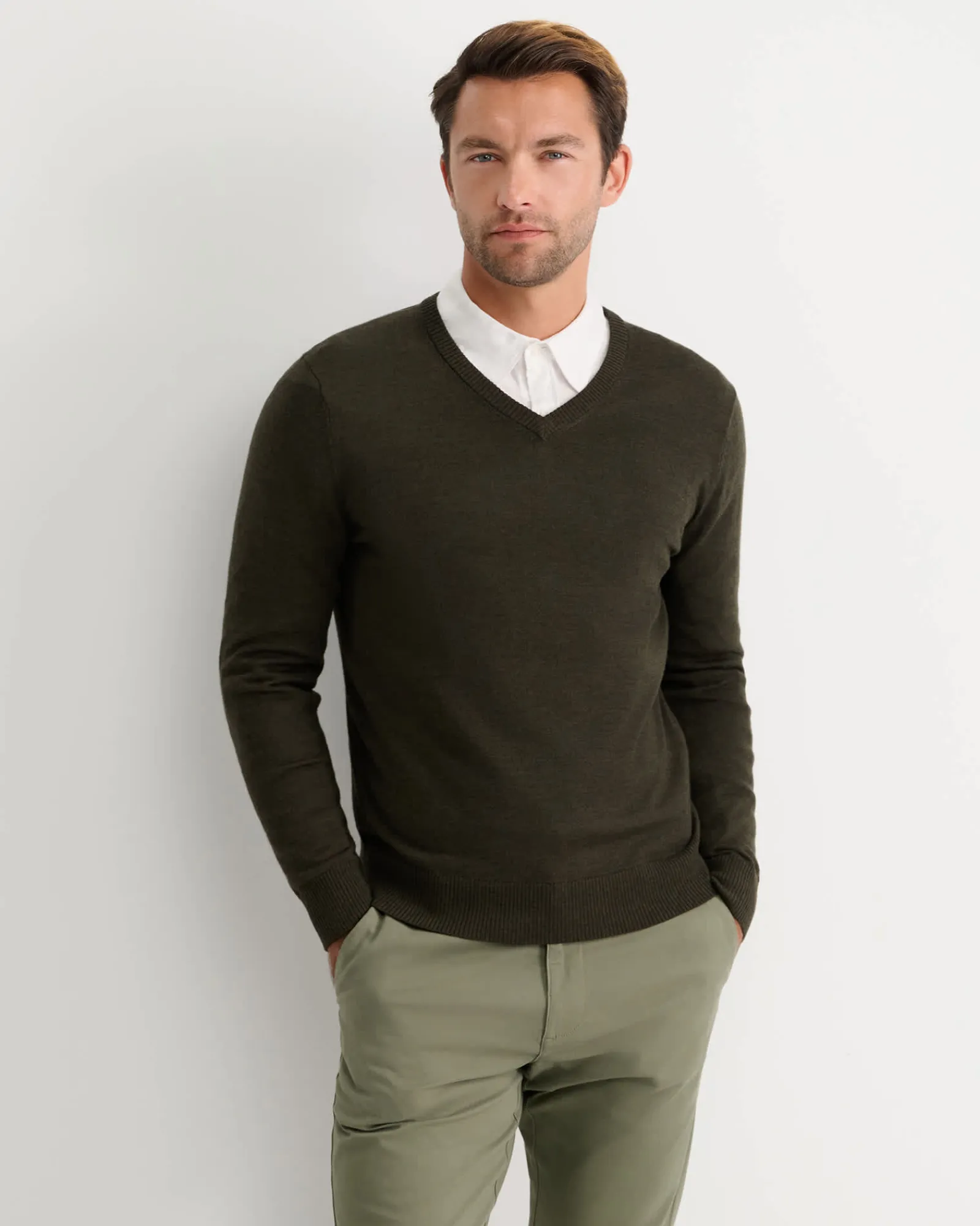 Sale Sportscraft Merino V-Neck Knit in Dark Khaki DarkKhaki