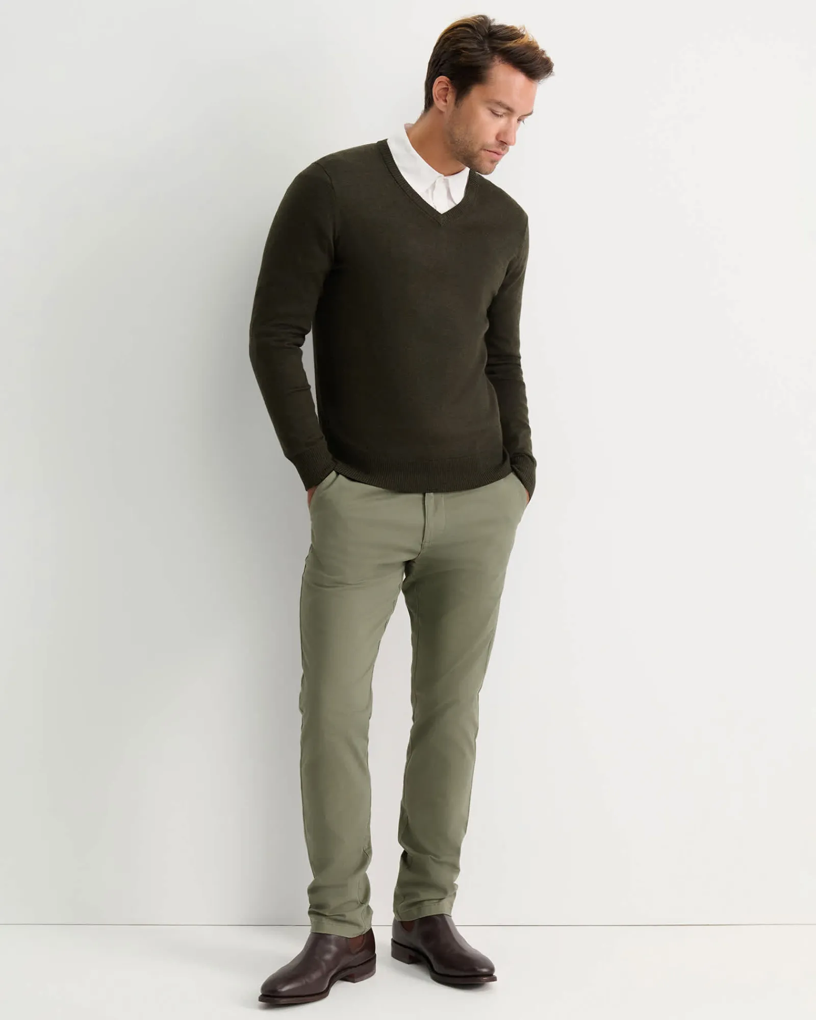 Sale Sportscraft Merino V-Neck Knit in Dark Khaki DarkKhaki