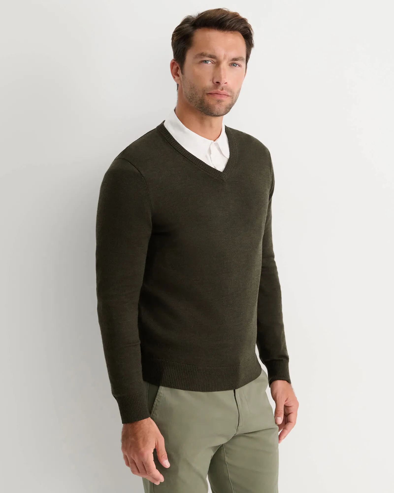 Sale Sportscraft Merino V-Neck Knit in Dark Khaki DarkKhaki