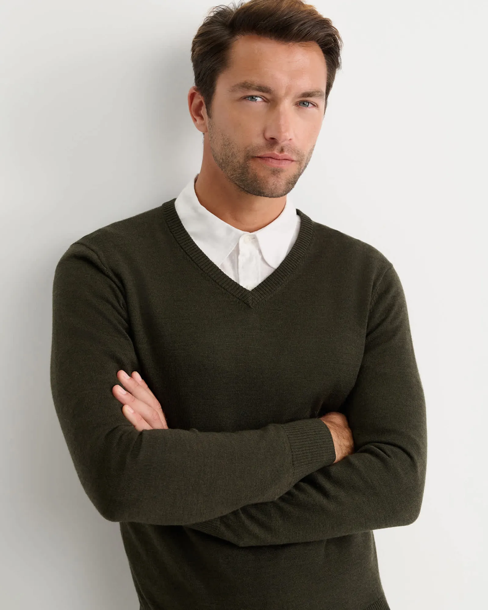 Sale Sportscraft Merino V-Neck Knit in Dark Khaki DarkKhaki