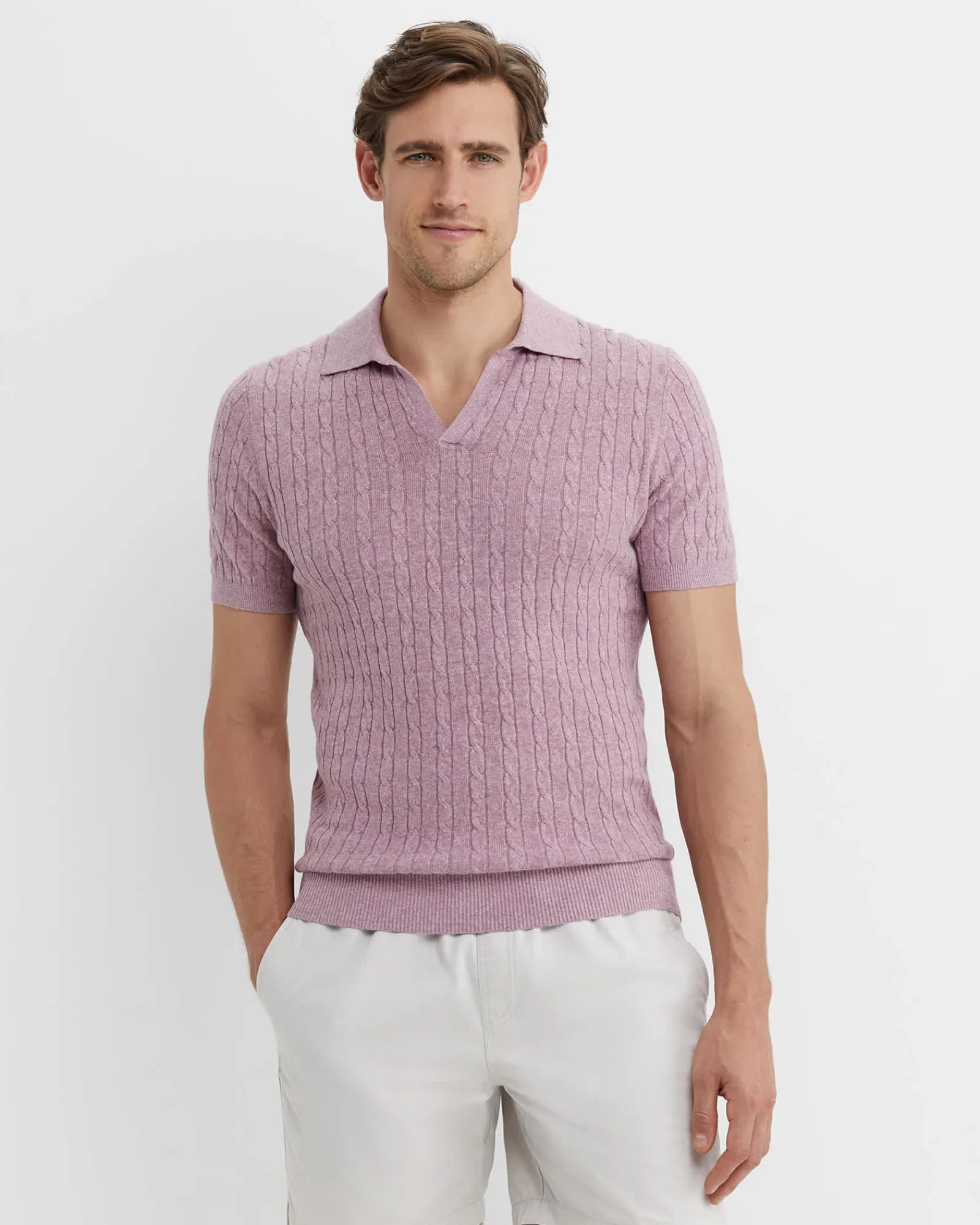 Clearance Sportscraft Murrinar Cable Knit Polo in Pink Melange PinkMelange